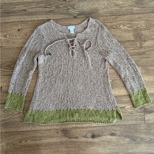The Arizona Collection: Soft Surroundings V-Neck Sweater in Tan and Green